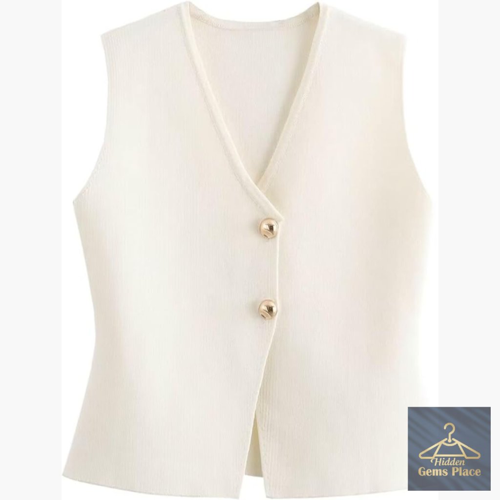 Cropped Knit Vest V-Neck Button Up Sleeveless Gilet Tank Top Medium